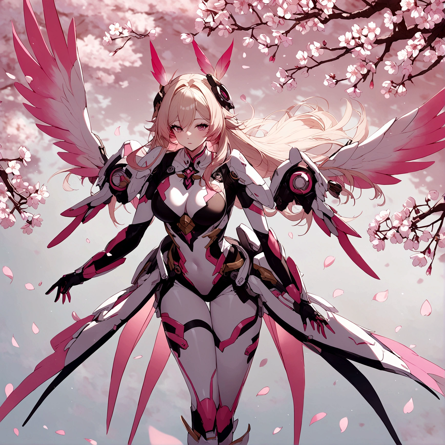 Pink mercy with long hair from overwatch surrounded by cherry blossoms in flight