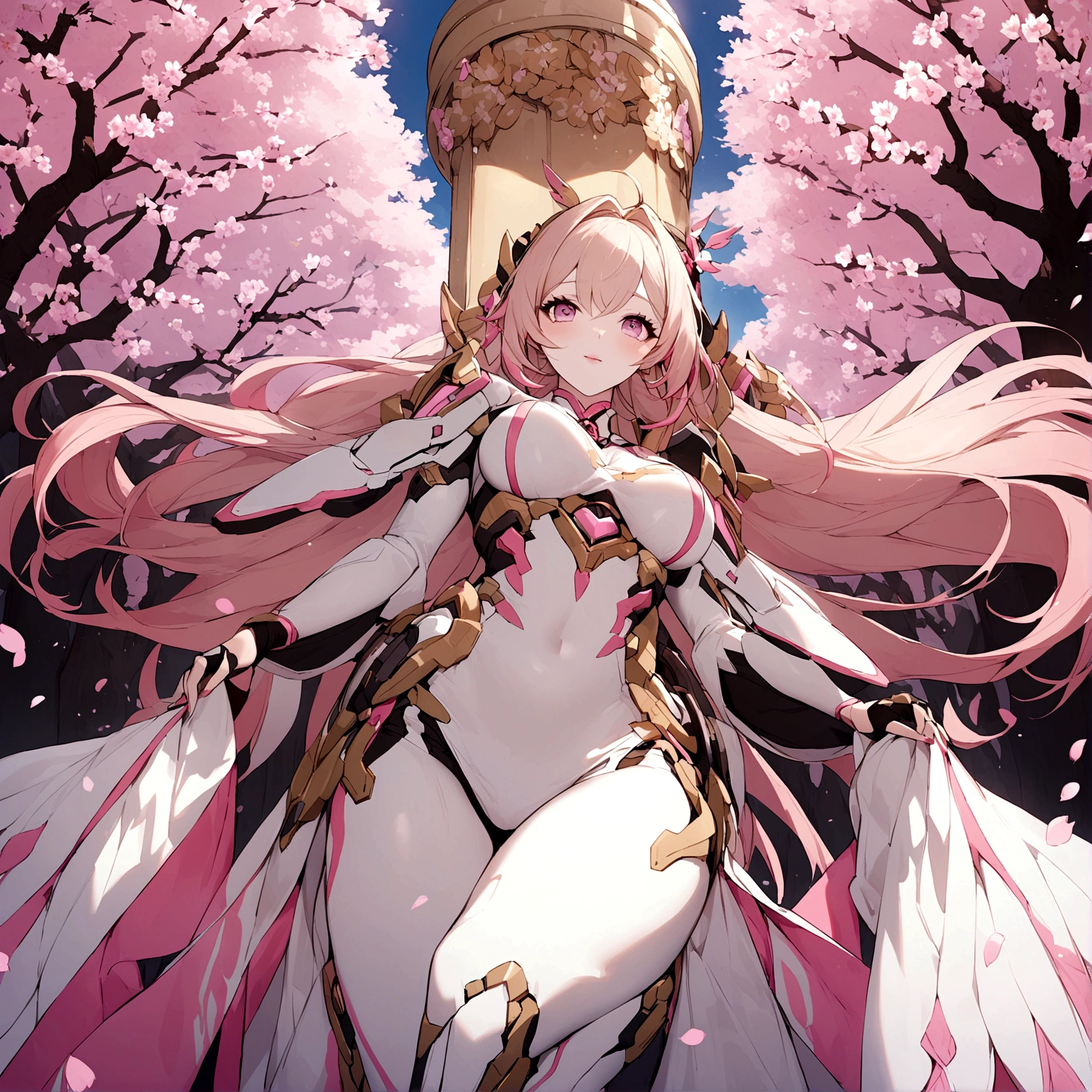 Pink mercy with long hair from overwatch surrounded by cherry blossoms in flight