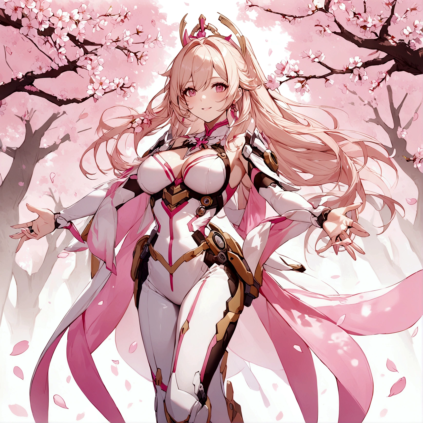 Pink mercy with long hair from overwatch surrounded by cherry blossoms in flight