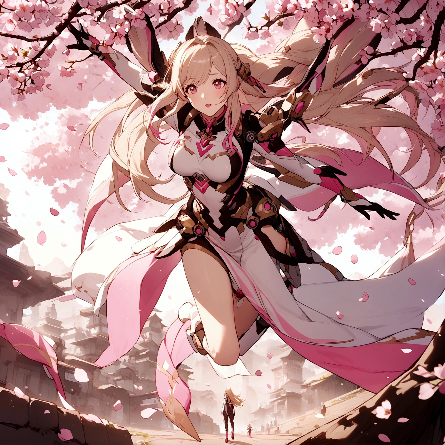 Pink mercy with long hair from overwatch surrounded by cherry blossoms in flight