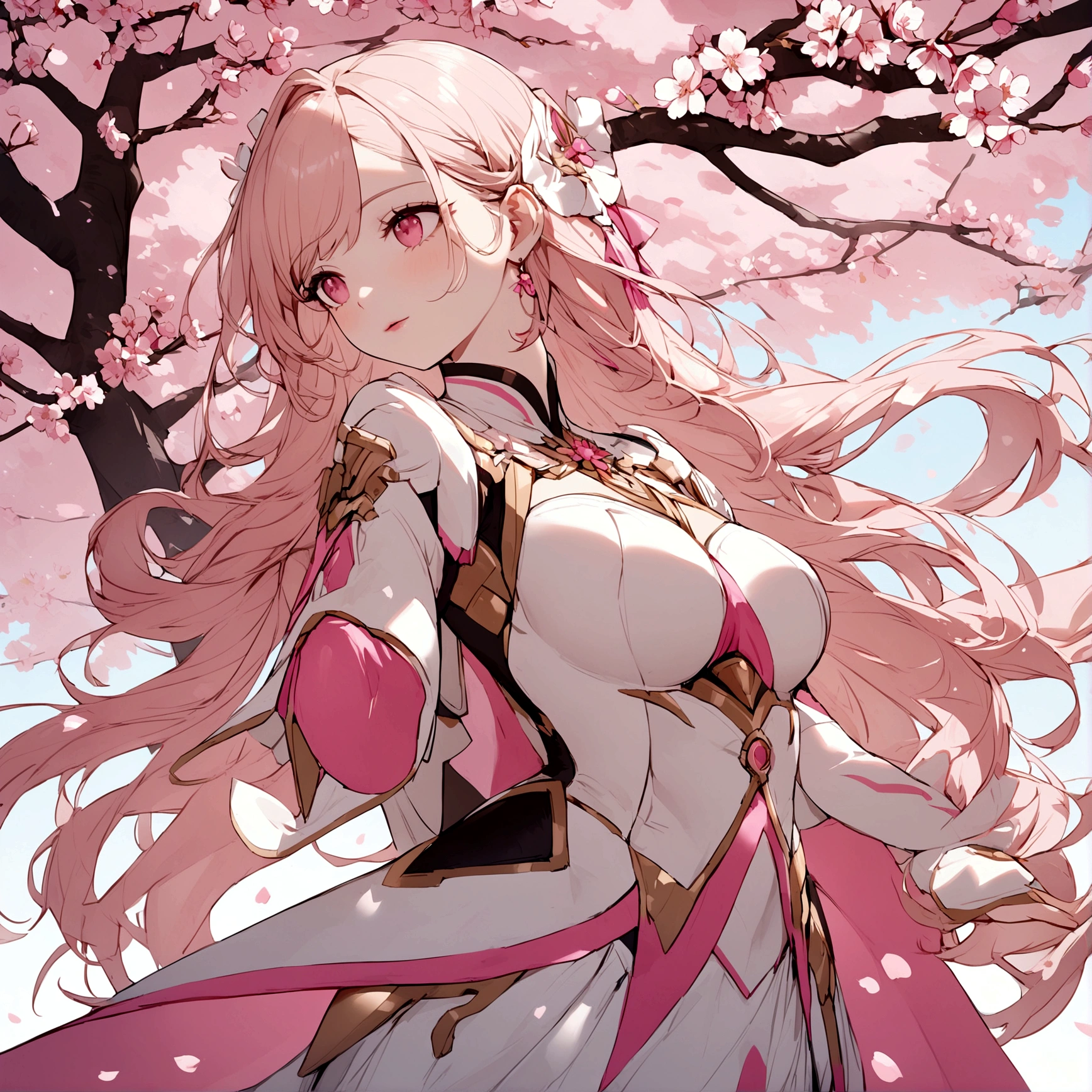 Pink mercy with long hair from overwatch surrounded by cherry blossoms in flight