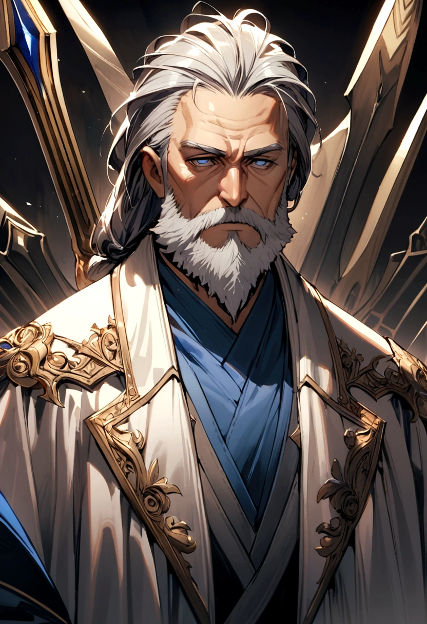 doctor male Beard elder Fantasy White Navy blue clothes Scalpel-like sword Slanted Eyes Best Character portrait whole body
