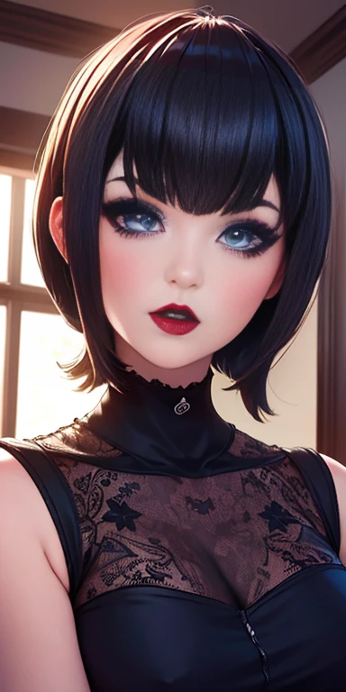 Obra maestra en HD, solo face, beautiful girl with makeup gothic, red lipstick, blue eyes , short hair with bangs style bob, looking at viewer 8k detailed perfect
