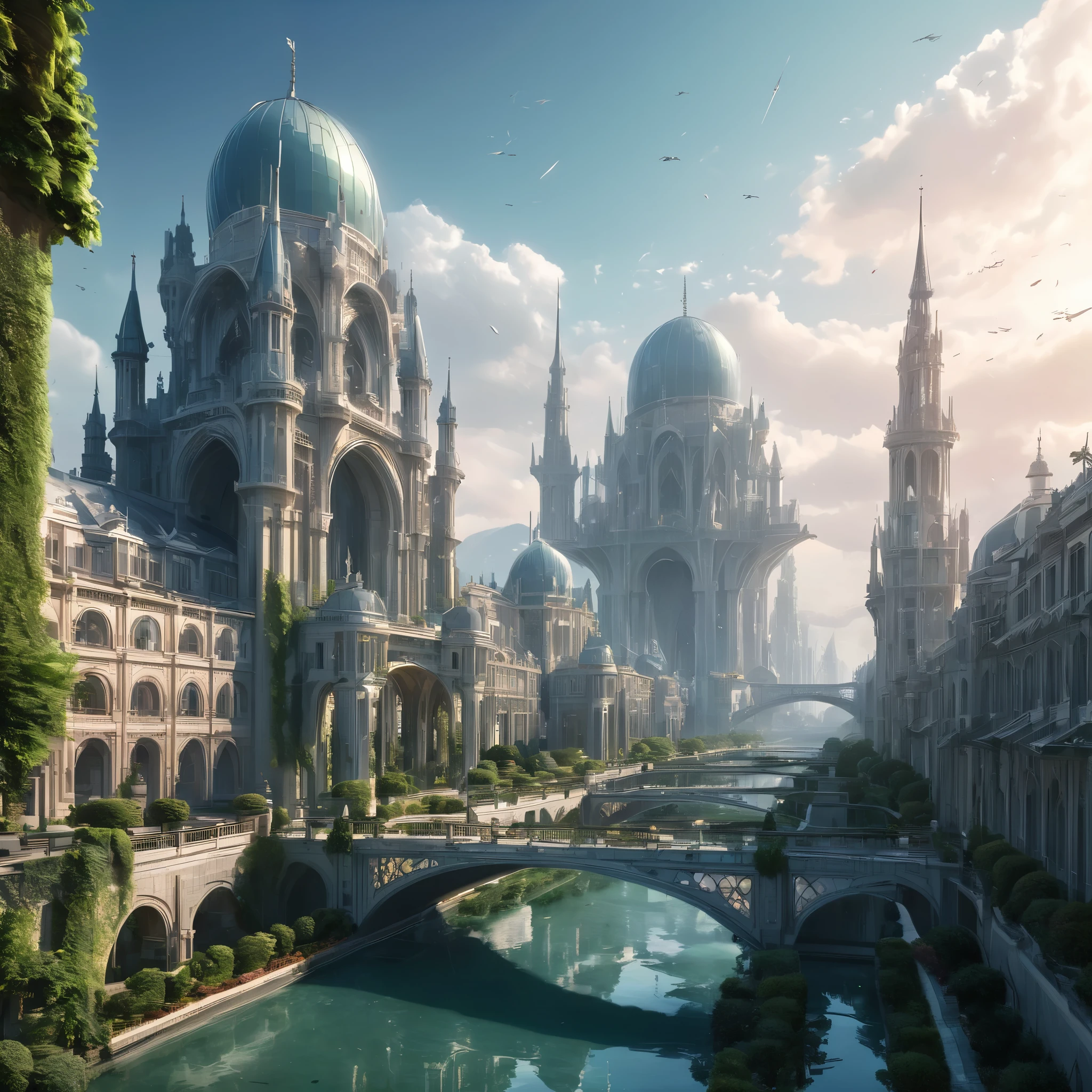 Create an incredibly amazing and fantastical architectural image. Imagine a grand cityscape where futuristic and ancient architectural styles seamlessly blend together. Towering skyscrapers made of gleaming glass and steel are interwoven with colossal stone structures adorned with intricate carvings and lush hanging gardens.
In the foreground, a majestic palace stands on a high plateau, its spires reaching towards the sky. The palace is a fusion of Gothic and futuristic design elements, featuring pointed arches, flying buttresses, and shimmering energy fields that illuminate its surface. Surrounding the palace are lush, terraced gardens with cascading waterfalls that glow with bioluminescent light.
The streets below are a network of winding pathways and canals, lined with buildings that range from ultra-modern geometric shapes to classical domed structures. Bridges made of transparent materials span the canals, and the streets are bustling with a mix of futuristic vehicles and traditional market stalls.
In the background, a monumental gateway stands as the entrance to the city, flanked by towering statues of mythical beings. Above, the sky is a mesmerizing blend of twilight hues, with floating islands and airships dotting the horizon, adding to the sense of wonder and scale.
The color palette should be rich and diverse, with the warm glow of the palace and bioluminescent elements contrasting against the cool tones of the modern skyscrapers. Use detailed, flowing lines to capture the intricate beauty of the architectural designs and the harmonious coexistence of different styles.
The entire image should evoke a sense of grandeur, innovation, and timeless beauty, capturing the viewer's imagination with the unique and fantastical fusion of architectural marvels.