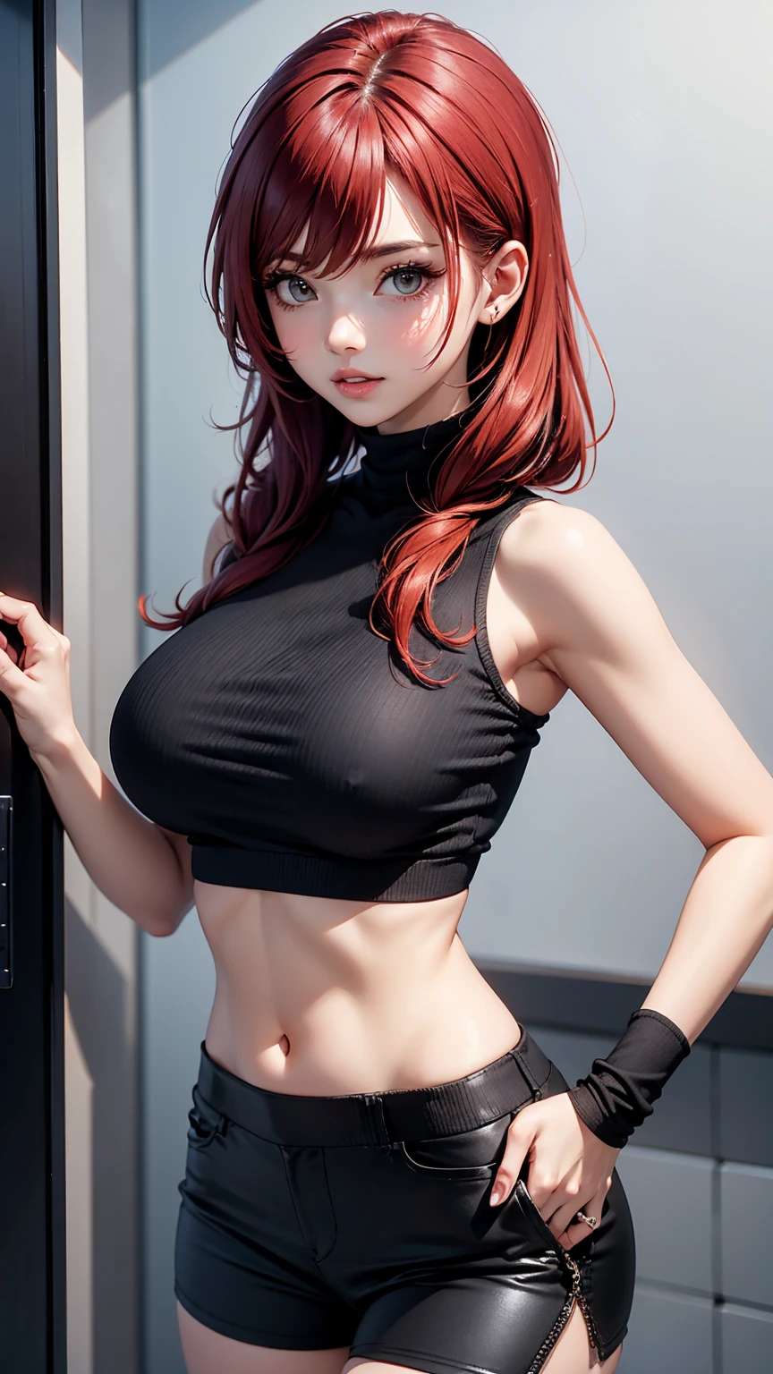 1 babe, red hair, random hairstyle , black crop top, sleeveless, turtleneck, , black shorts, parted lips, large, y looking