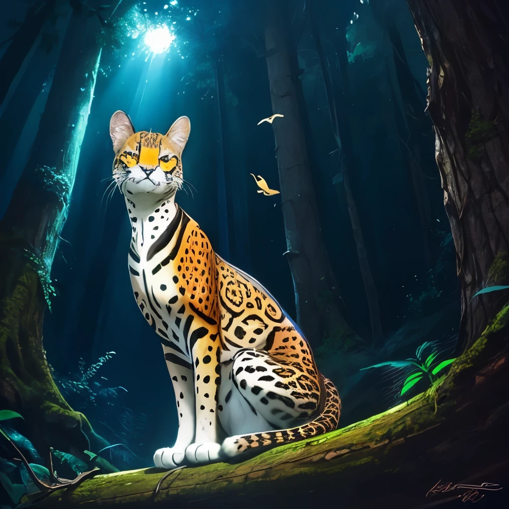 araffe sitting on a log in the woods looking up, margay, amazonian, michel ocelot, jaguar, beautiful!!!!!!!!!, has a very realistic look to it, beautiful!, beautiful”, spotted ultra realistic, beautiful gorgeous, majestic!!! beautiful!!!, beautiful cat, by Juergen von Huendeberg, beutiful, cat in the forest, gorgeous and beautiful