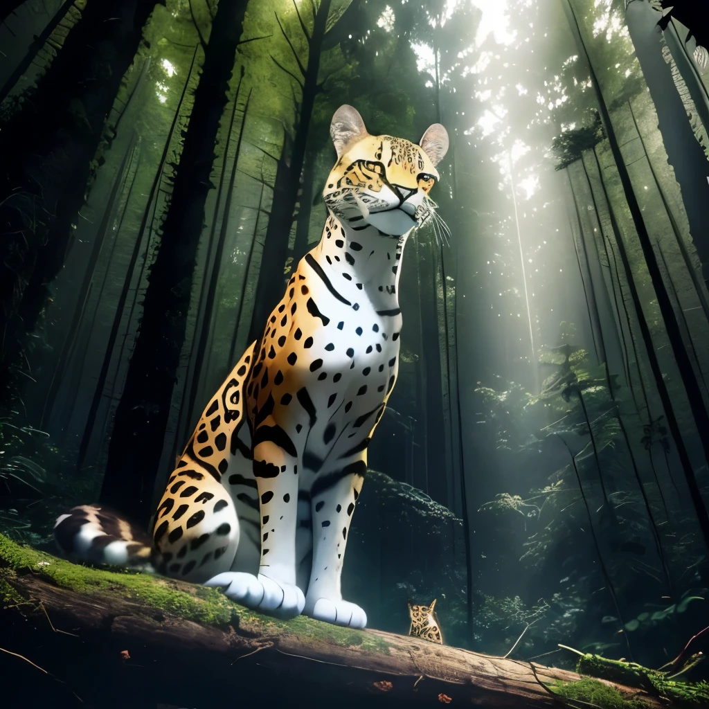 araffe sitting on a log in the woods looking up, a photo by Juergen von Huendeberg, flickr, sumatraism, margay, amazonian, michel ocelot, jaguar, beautiful!!!!!!!!!, has a very realistic look to it, beautiful!, beautiful”, spotted ultra realistic, beautiful gorgeous, majestic!!! beautiful!!!, beautiful cat, beutiful