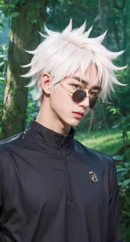 Real life adaption of this character, Korean handsome face,looking to viewer,realistic same hair ,realistic jungle with many grass background, hyper realistic, realistic light, realistic shadow, realism,(photorealistic:1.2), (realistic same outfit),wear realistic round glasses