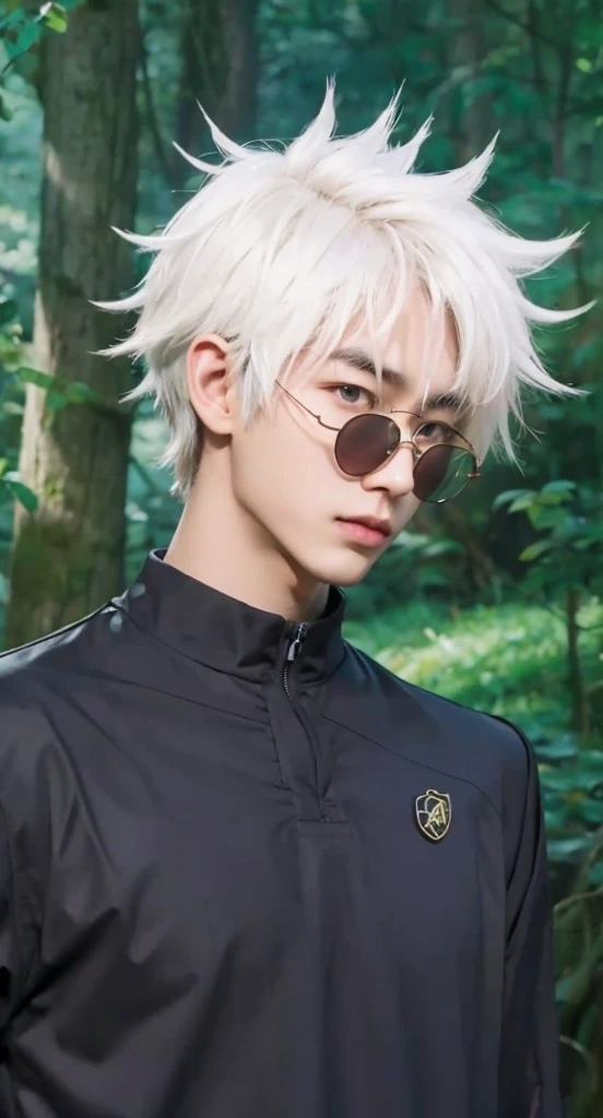 Real life adaption of this character, Korean teen handsome face,looking to viewer,realistic same hair ,realistic jungle with many grass background, hyper realistic, realistic light, realistic shadow, realism,(photorealistic:1.2), (realistic same outfit),wear realistic round glasses