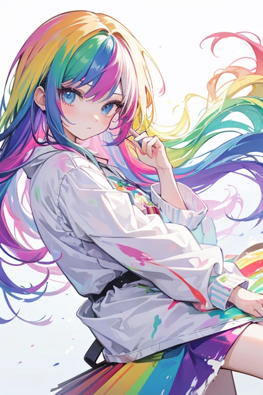 2D, ((high quality)), ((masterpiece)), anime girl with long rainbow-colored hair, white clothes with paint stains (colorful),
