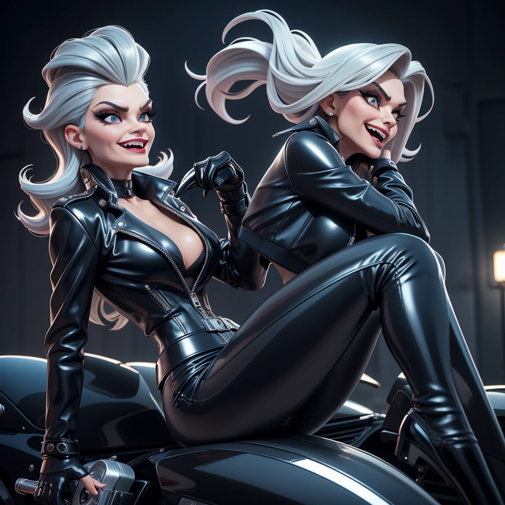 obra prima, melhor qualidade, (cruella deville, michelle pfeiffer, vamp 70yo face wrinkles,) head back, sassy wicked girl, big toothy smile, open mouth, maniacal, extreme, thick smoky black eye shadow, long fake eyelashes, raven black mullet hair, ((metallic blue pvc biker jacket and pants,)) with studs zippers snaps, shiny leather gloves, body is skinny, laying down on hood of sports car, shiny tight buttocks, dazzle, pinup, exaggerated selfie, lap dance, camera view of whole body, looking up at me, shallow depth of field, highres, HD, 8k, anatomically correct