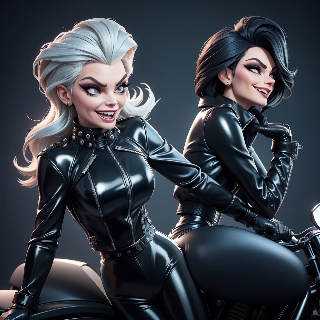 obra prima, melhor qualidade, (cruella deville, michelle pfeiffer, vamp 70yo face wrinkles,) head back, sassy wicked girl, big toothy smile, open mouth, maniacal, extreme, thick smoky black eye shadow, long fake eyelashes, raven black mullet hair, ((metallic blue pvc biker jacket and pants,)) with studs zippers snaps, shiny leather gloves, body is skinny, laying down on hood of sports car, shiny tight buttocks, dazzle, pinup, exaggerated selfie, lap dance, camera view of whole body, looking up at me, shallow depth of field, highres, HD, 8k, anatomically correct