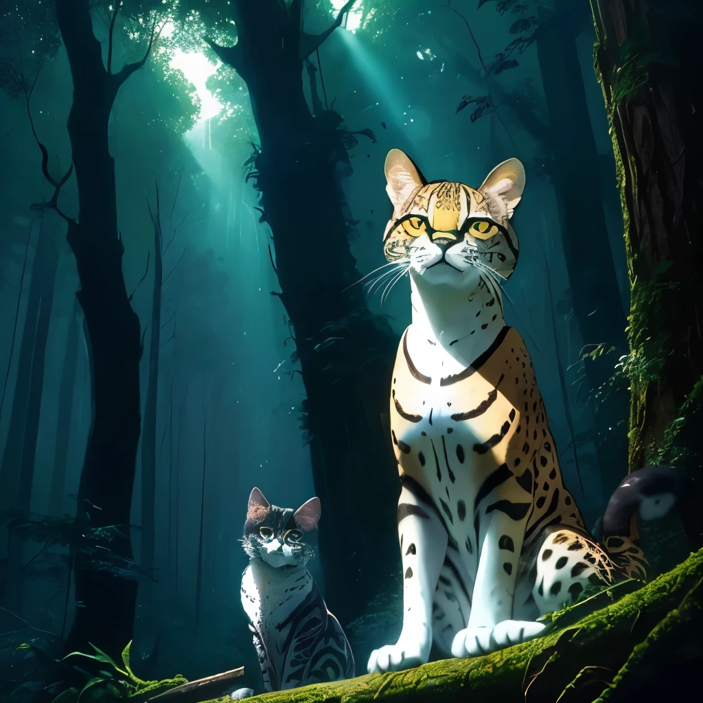 araffe sitting on a log in the woods looking up, margay, amazonian, michel ocelot, jaguar, beautiful!!!!!!!!!, has a very realistic look to it, beautiful!, beautiful”, spotted ultra realistic, beautiful gorgeous, majestic!!! beautiful!!!, beautiful cat, by Juergen von Huendeberg, beutiful, cat in the forest, gorgeous and beautiful