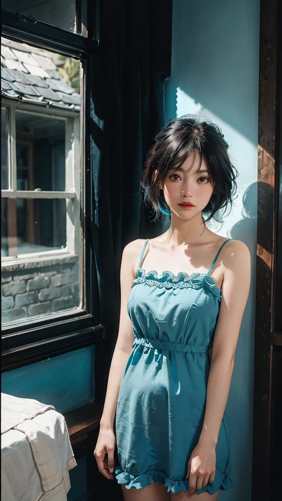 ((High quality, 8k, perfect quality, realistic)), beautiful, perfect face, looking out the window, night, ((dark room)), restless, short nightdress, looking at the window, Dawn view in the village, color hair black and cyan, dawn in the village, In front of the house