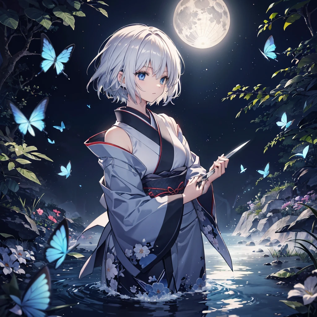 (((1 person))) ((High resolution Gray Hair short hair Black kimono Shoulder)) ((Black Band military commander Lonely despair blue eyes)) ((Blue Butterfly night Japanese style old Shining Aura garden water surface)) (dance 日本knife knife Slashing) moon star Draw your sword Slashing Catch the wind