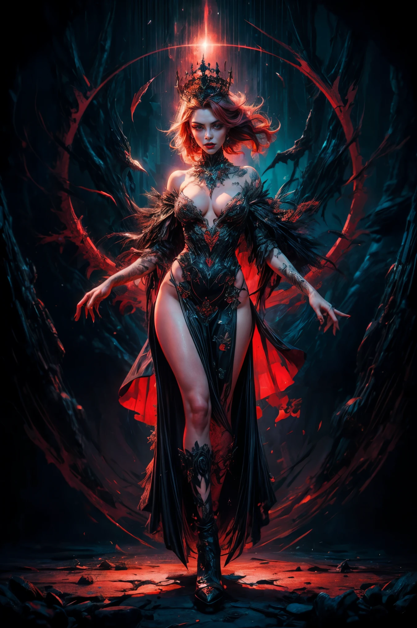 (best quality,4k,8k,highres,masterpiece:1.2), ultra-detailed, You are in the center between two forestire and ice. The surrounding area  breathtaking in its beauty: bright red trees with flames that echo the icy pines decorated with student patterns. The air  filled with the smells of hot fire and fresh ice, and you feel powerful energies permeate your body. Under your feet you feel the yielding earth, which seems alive and breathing. You are a fearless warrior and a princess with magical powers. Your (skin  deadly pale), your eyes are red-blue, like a sunset sky. You look very powerful and confident, and your black lace armor emphasizes your independence and strength. Unlike your usual booking, this one  a quirk of deep magic. The substance consisting of translucent fabrics fits your body, leaving all the important places open, while, as if thanks to the magic of executions, your breasts are in perfect condition, do not hang and do not stretch. Reflect the subtlety of the outfits of your character, you are not afraid to show your gifts, because you have great magic in trust, giving you invulnerability and victory over enemies. ((best quality,4k,8k,highres,masterpiece:1.2),ultra-detailed, madness, magic, beautiful magic, 1girl, flame mage, (ice and flame), (very beautiful fantasy background), (crazy sexy fantasy transparent ice-flame dress), portraits, vivid colors, intense lighting, brush strokes, ethereal atmosphere, spellbinding, enchanting scenery, mesmerizing expressions, whimsical, mystical, intricate details, dynamic poses, captivating moments, enchanting eyes, flowing robes, long curly redhair crystalline ice, mythical creatures, surreal landscapes, otherworldly, magical elements, (vagina see thru panties), (erect nipples see thru clotheewitching beauty, ethereal glow, transcendent, harmonic color palette. (Obscene lines), ((glow crotch tattoo)), inmon, womb tattoo, succub tattoo