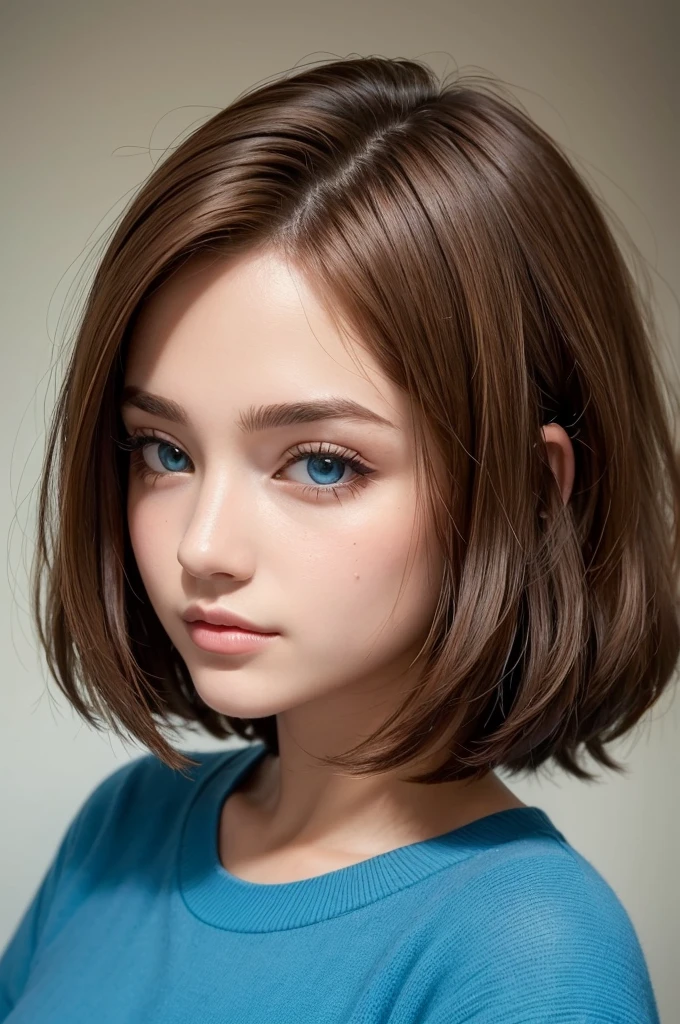 ((best quality)), ((masterpiece)), (detailed), perfect face uma mulher de 21 anos, cabelos andulados no corte micro bob com franjinha, cor de cabelo marrom escuro, e olhos azul 