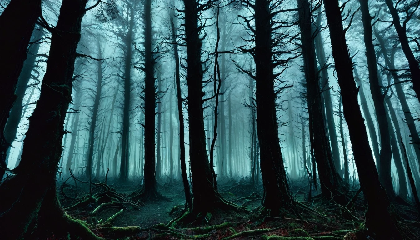 "A dense, dark forest at night with tall, twisted trees. The forest floor is covered with mist and faint ghostly figures can be seen in the background, creating a sense of eerie mystery."