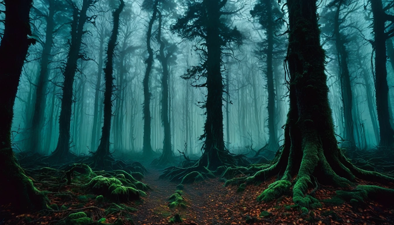 "A dense, dark forest at night with tall, twisted trees. The forest floor is covered with mist and faint ghostly figures can be seen in the background, creating a sense of eerie mystery."