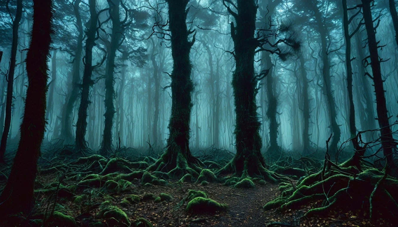 "A dense, dark forest at night with tall, twisted trees. The forest floor is covered with mist and faint ghostly figures can be seen in the background, creating a sense of eerie mystery."