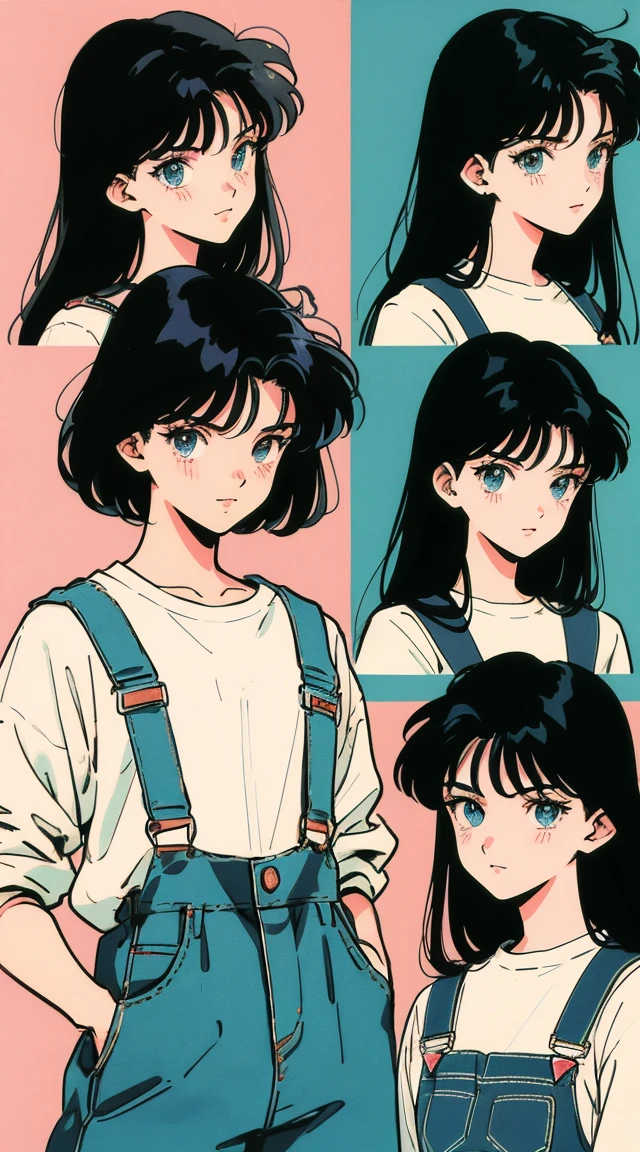 line stamps, 9 divisions, Anime Girls, 90s Anime, Vintage classic anime aesthetic, Pink Overalls, White shirt, Short Overalls, Long black hair, various poses and expressions