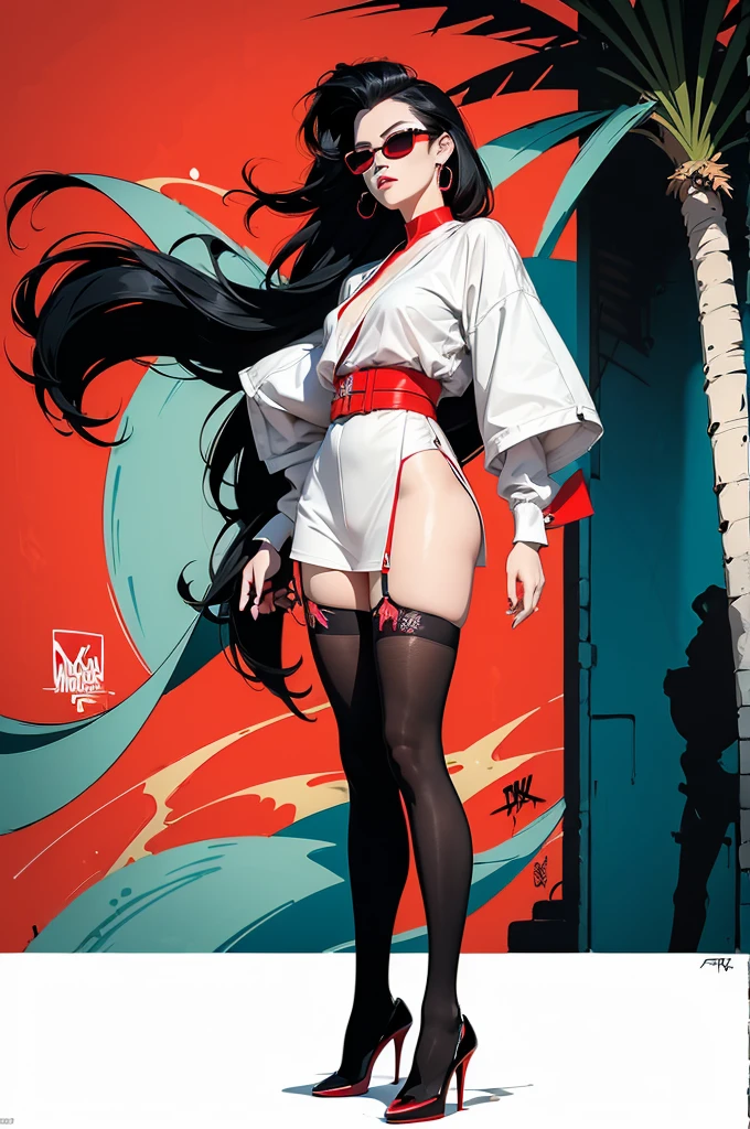 ((Art style by Patrick Nagel)), ((8k, wallpaper, detailed)), dark sunglasses, korean popstar, thighhighs, high heels, long legs, black hair, pretty hands, fringe, full body, samurai sword, (multiple girls:1.4), simple red background, palm trees, (graffiti wall:1.2), muscular, strong, courageous, art by Patrick Nagel