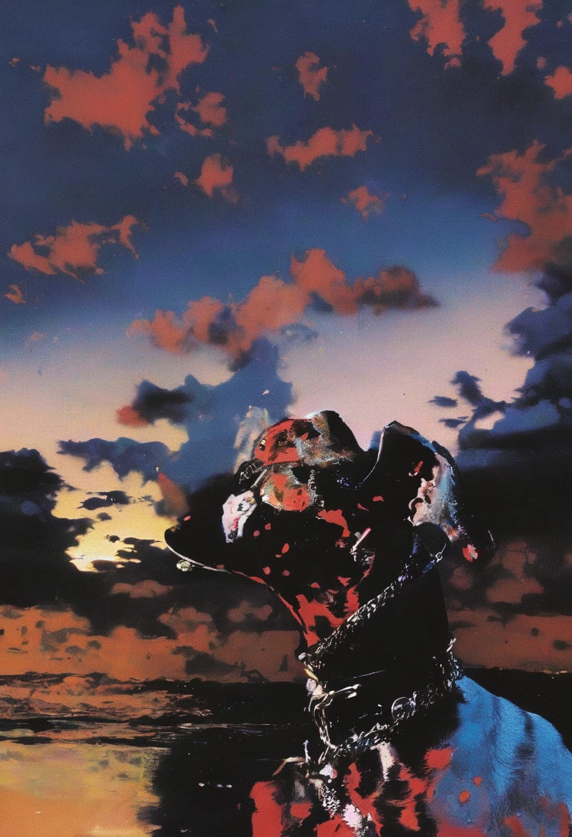 dog with big muzzles at head in front of sunset