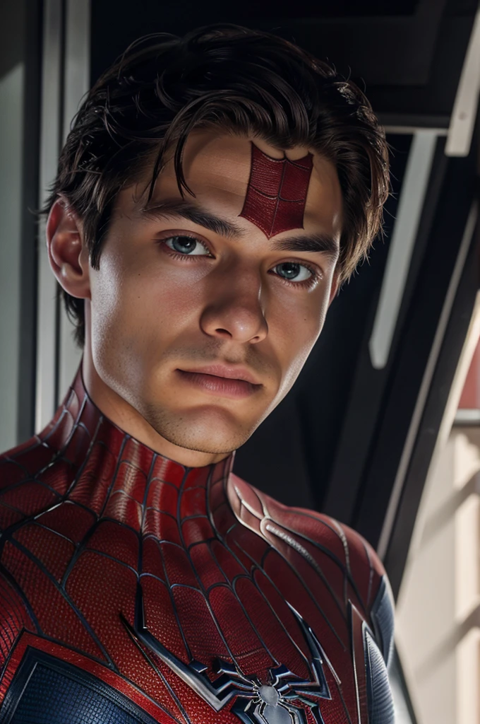 A photograph of spider man, no mask, 20 yo, handsome, detailed face, looking at camera, portrait, 8k uhd, high quality