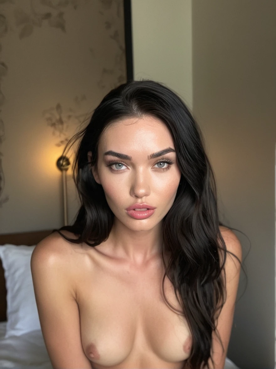 a realistic instagram photo of a [ really beautiful exotic androgynous supermodel 19 year old woman] , with [long, dark hair] , looks like [Megan FOX] and [Adriana Lima], light makeup, looking [innocent, cute, flushed] , naked, vagina [light] skin --ar 9:16 --stylize 750 --v 6