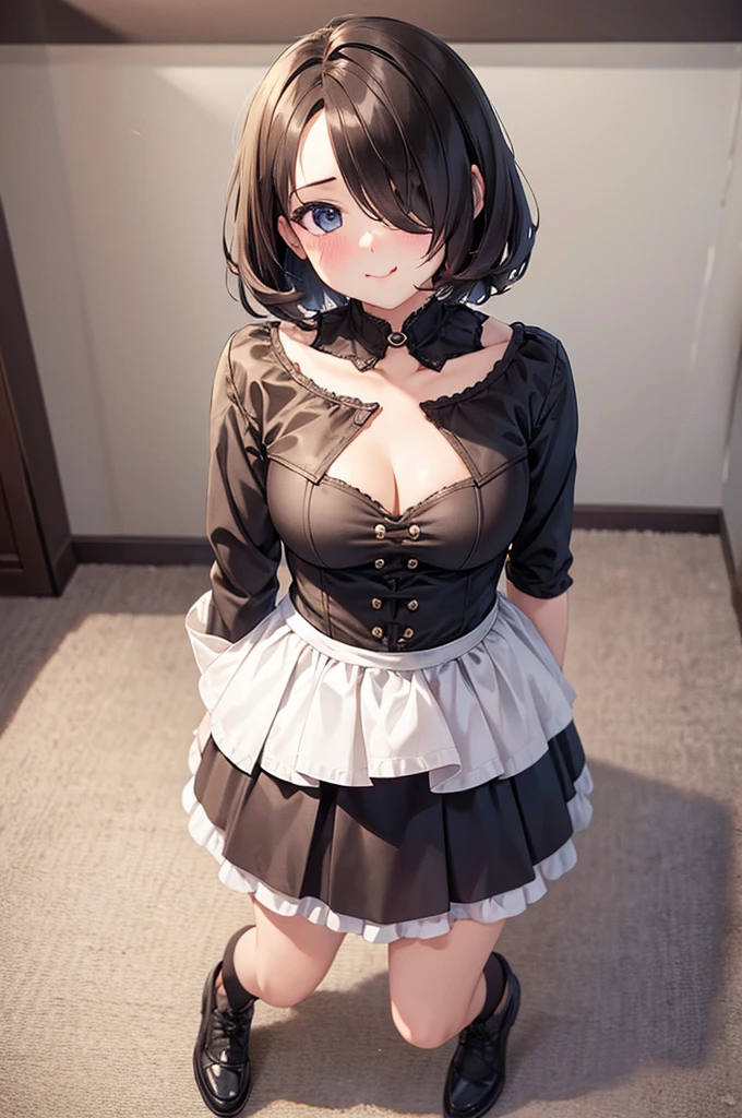 from above,full body shot,Pouty Mouth,Setting diagram,hair over one eye,short wave hair,(Highest quality, masterpiece), One girl ,View your viewers, smile, blush