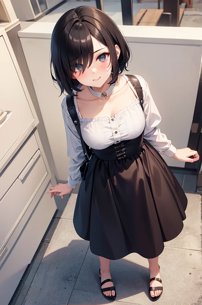 from above,full body shot,Pouty Mouth,Setting diagram,hair over one eye,short wave hair,(Highest quality, masterpiece), One girl ,View your viewers, smile, blush