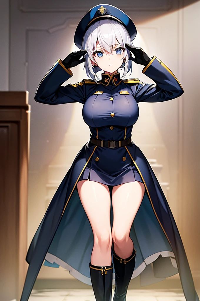 Content: An anime woman in a military uniform with a sword visible in a scabbard. She wears a hat inspired by WW2 German military generals and her design is loosely based on Erika Itsumi from Girls und Panzer. She has light blue eyes, white hair that ends halfway down her back, and knee-high military boots. Medium: Digital art, anime illustration. Style: Pixiv contest winner, fine art, with elements inspired by historical military aesthetics and anime character design. Lighting: Dramatic, with strong contrasts to highlight her authoritative presence and the details of her uniform. Subtle shadows to add depth and realism. Colours: A palette dominated by military greens, blacks, and silvers, with the light blue of her eyes and white of her hair standing out against the darker tones of her uniform. Composition: A full body shot with a 50mm lens. The background is of a snowy background, as if a blizzard was happening behind her. She salutes to the camera