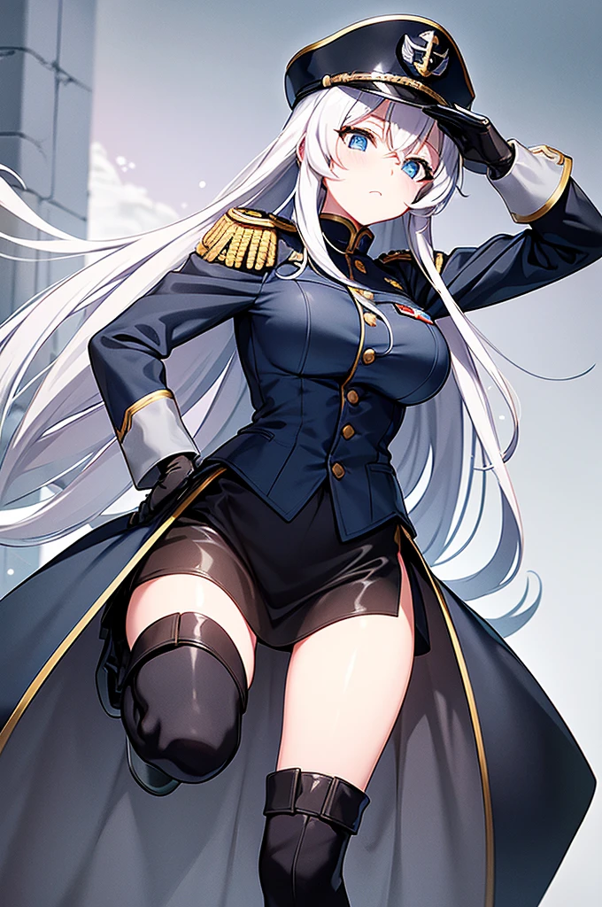 Content: An anime woman in a military uniform with a sword visible in a scabbard. She wears a hat inspired by WW2 German military generals and her design is loosely based on Erika Itsumi from Girls und Panzer. She has light blue eyes, white hair that ends halfway down her back, and knee-high military boots. Medium: Digital art, anime illustration. Style: Pixiv contest winner, fine art, with elements inspired by historical military aesthetics and anime character design. Lighting: Dramatic, with strong contrasts to highlight her authoritative presence and the details of her uniform. Subtle shadows to add depth and realism. Colours: A palette dominated by military greens, blacks, and silvers, with the light blue of her eyes and white of her hair standing out against the darker tones of her uniform. Composition: A full body shot with a 50mm lens. The background is of a snowy background, as if a blizzard was happening behind her. She salutes to the camera