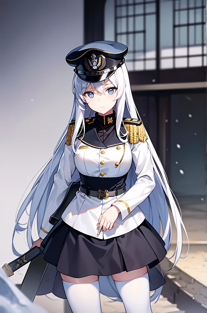 Content: An anime woman in a military uniform with a sword visible in a scabbard. She wears a hat inspired by WW2 German military generals and her design is loosely based on Erika Itsumi from Girls und Panzer. She has light blue eyes, white hair that ends halfway down her back, and knee-high military boots. Medium: Digital art, anime illustration. Style: Pixiv contest winner, fine art, with elements inspired by historical military aesthetics and anime character design. Lighting: Dramatic, with strong contrasts to highlight her authoritative presence and the details of her uniform. Subtle shadows to add depth and realism. Colours: A palette dominated by military greens, blacks, and silvers, with the light blue of her eyes and white of her hair standing out against the darker tones of her uniform. Composition: A full body shot with a 50mm lens. The background is of a snowy background, as if a blizzard was happening behind her. She salutes to the camera