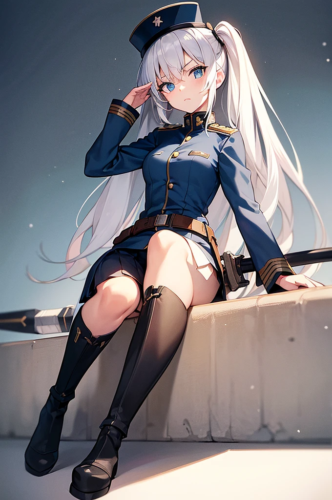 Content: An anime woman in a military uniform with a sword visible in a scabbard. She wears a hat inspired by WW2 German military generals and her design is loosely based on Erika Itsumi from Girls und Panzer. She has light blue eyes, white hair that ends halfway down her back, and knee-high military boots. Medium: Digital art, anime illustration. Style: Pixiv contest winner, fine art, with elements inspired by historical military aesthetics and anime character design. Lighting: Dramatic, with strong contrasts to highlight her authoritative presence and the details of her uniform. Subtle shadows to add depth and realism. Colours: A palette dominated by military greens, blacks, and silvers, with the light blue of her eyes and white of her hair standing out against the darker tones of her uniform. Composition: A full body shot with a 50mm lens. The background is of a snowy background, as if a blizzard was happening behind her. She salutes to the camera