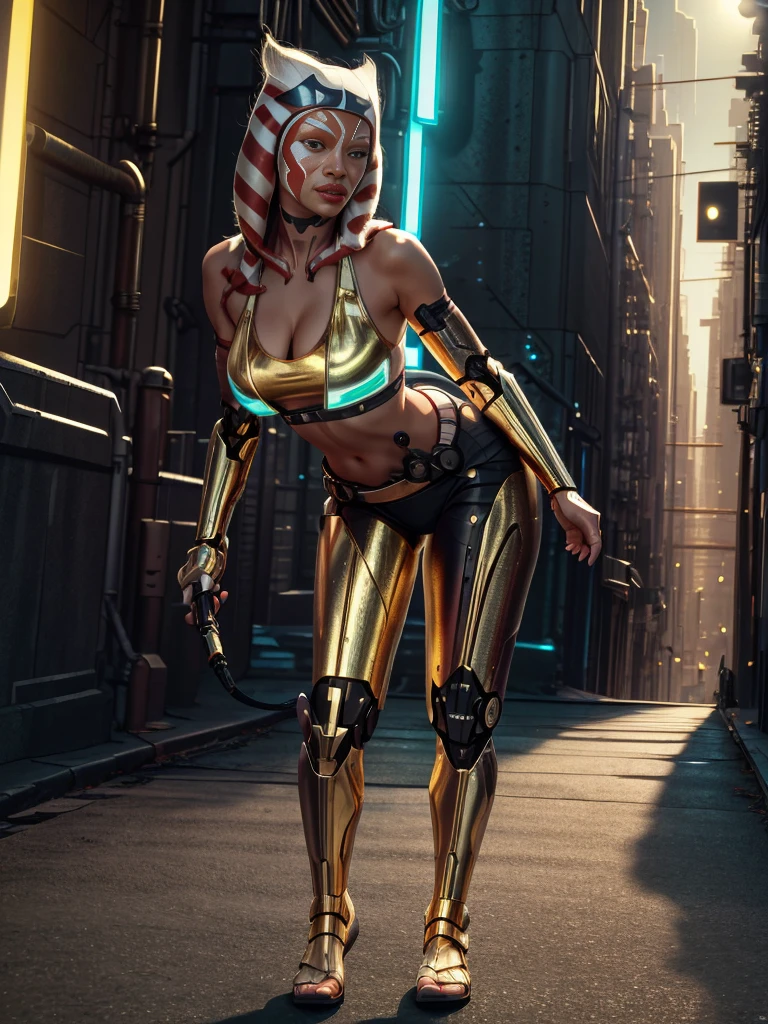 Virtual image,Realistic 8K images,hips up,Masterpiece,Complete Anatomy,Complete dynamic composition,morning sun,Light hits the front,young ahsoka ,cybernetic robot,Bikini body - white_orange_gold_metal,,white tank top,Abstract city background at night
