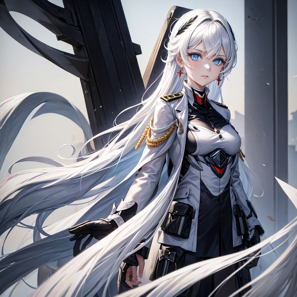 White hair, blue eyes, beautiful female, black military uniform