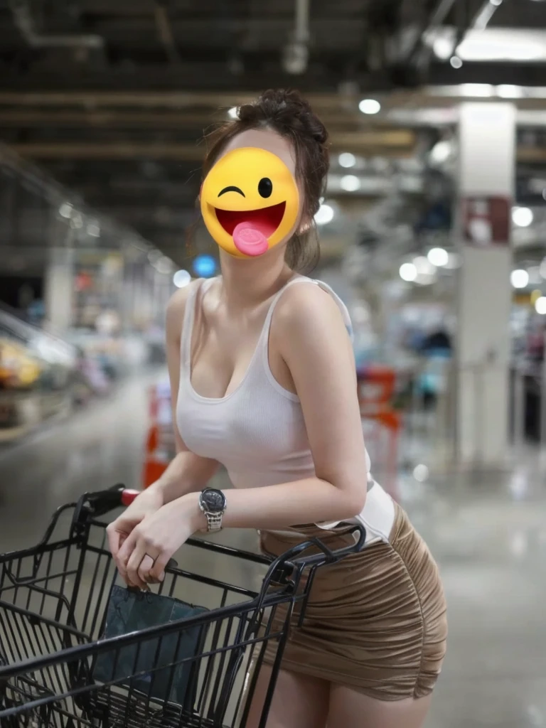 The Araffe woman had a fake smile. on the face standing next to a shopping cart, thick, Get groceries, Female model, 2 4 years old, She has a cute face., ปรากฏตัวin the department store, 🔞🤡, Better known as Amaranth., She is smiling, Crazy smile, Trending at cgstation, at the department store, in the department store