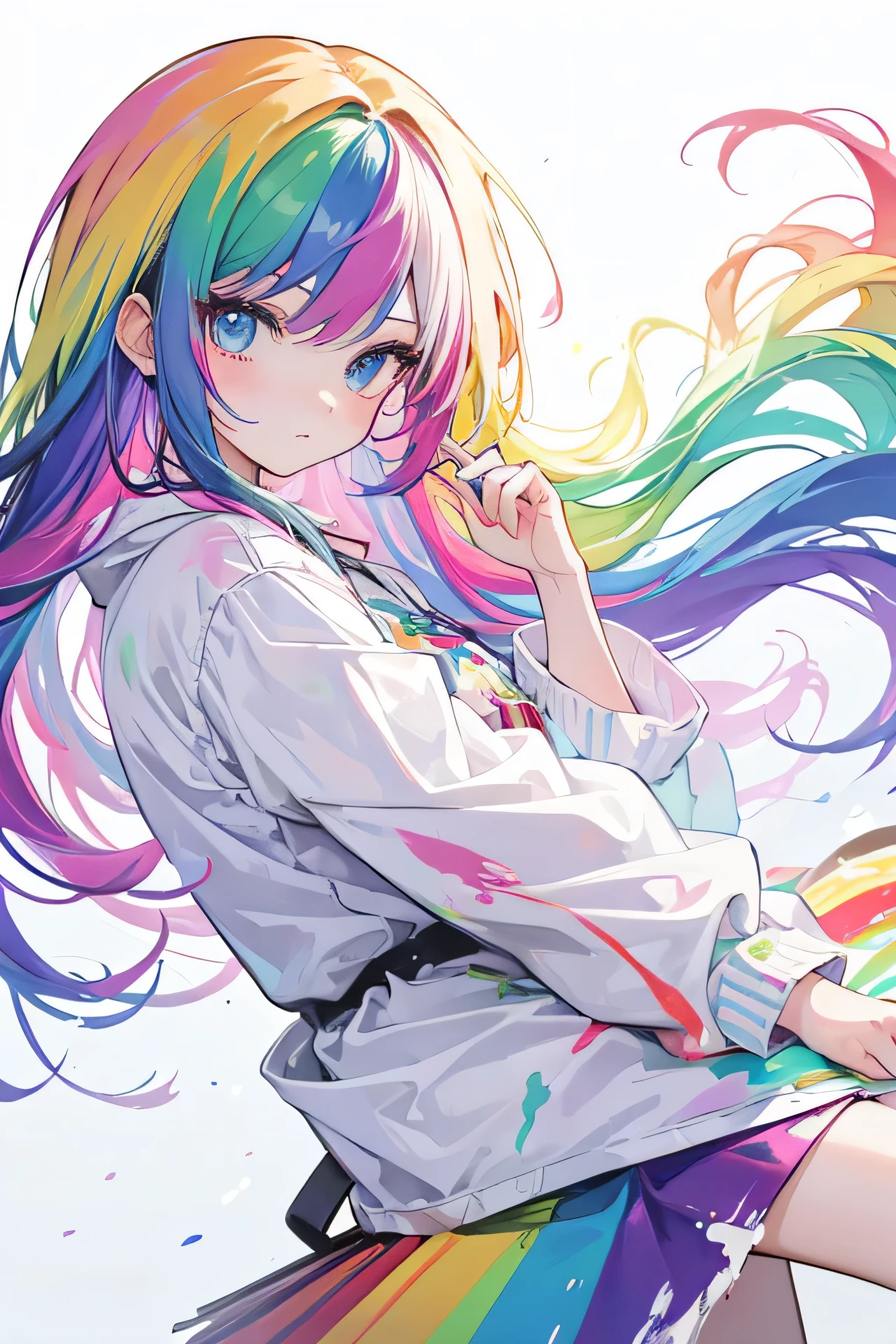 2D, ((high quality)), ((masterpiece)), anime girl with long rainbow-colored hair, white clothes with paint stains (colorful),