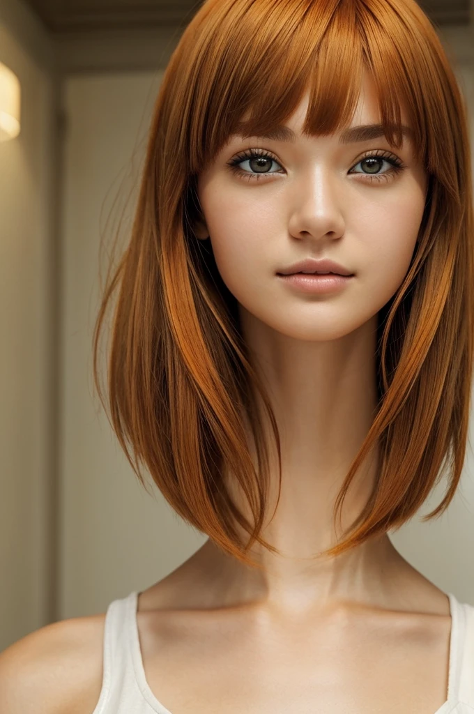 (SFW:1.8、masterpiece, highest quality),Girl1people, In one people, Absurd、Draw clear boundaries、hyper Realistic, Realistic,Realistic, Looking at the audience, Light brown eyes:1.4,Golden orange Short Bob Hair with highly detailed shiny hair:1.6, Beautiful bangs:2、Attractive