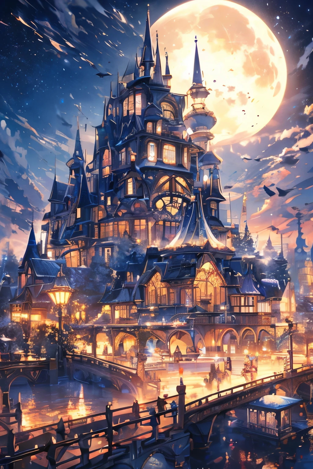 haze, Thomas Kinkade, Aaron Wiesenfeld、Beksinki、Adrian Eversen、Gedimins Plankevicius、Escher, Intricately refined textures, Matte painting details, Deep Color, wonderful, A mysterious school of magic with intricate details、Night Sky、Beautiful Full Moon、SakuraFubuki、Night Scenery