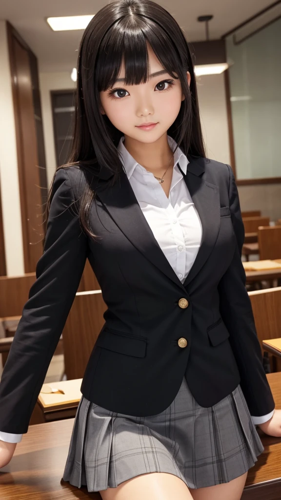 ((high quality)), ((Tabletop)), (Detailed face), (highlight), Asian Girl、Big breasts、thigh、Black Hair、Heavy bangs、high school girl、skirt、blazer、