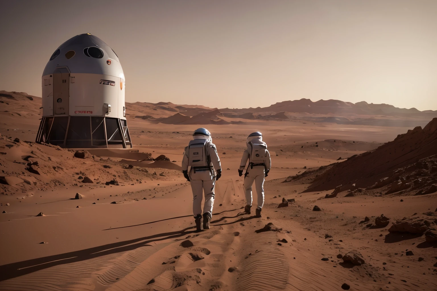 On Mars,Martian sky,SpaceX astronauts leave Starship,look into the distance,(8K, best quality, masterpiece:1.2), (Practical, Reality:1.37), Extremely detailed,Wide-angle lens