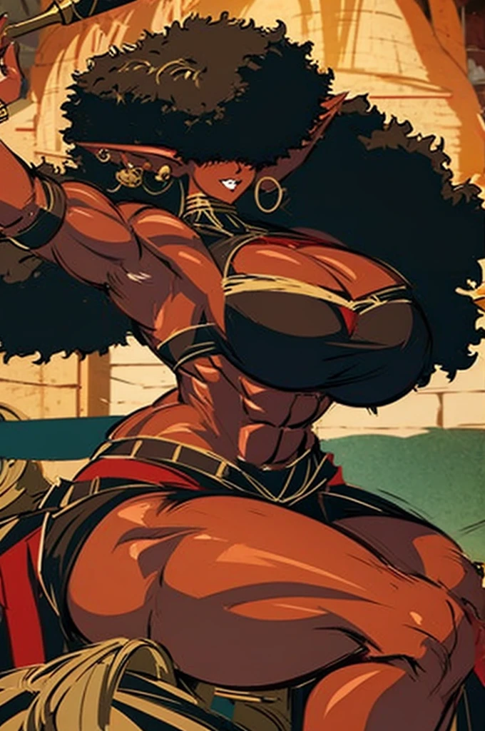 (masterpiece, best quality:1.2),1 girl, voluptuous body, full body, masterpiece, dominant pose, good anatomy, no extra limbs, big ass, thick thighs, black hair, voluminous afro, pointy ears, gold earrings, black top with red details, black skirt with red details, gold necklaces