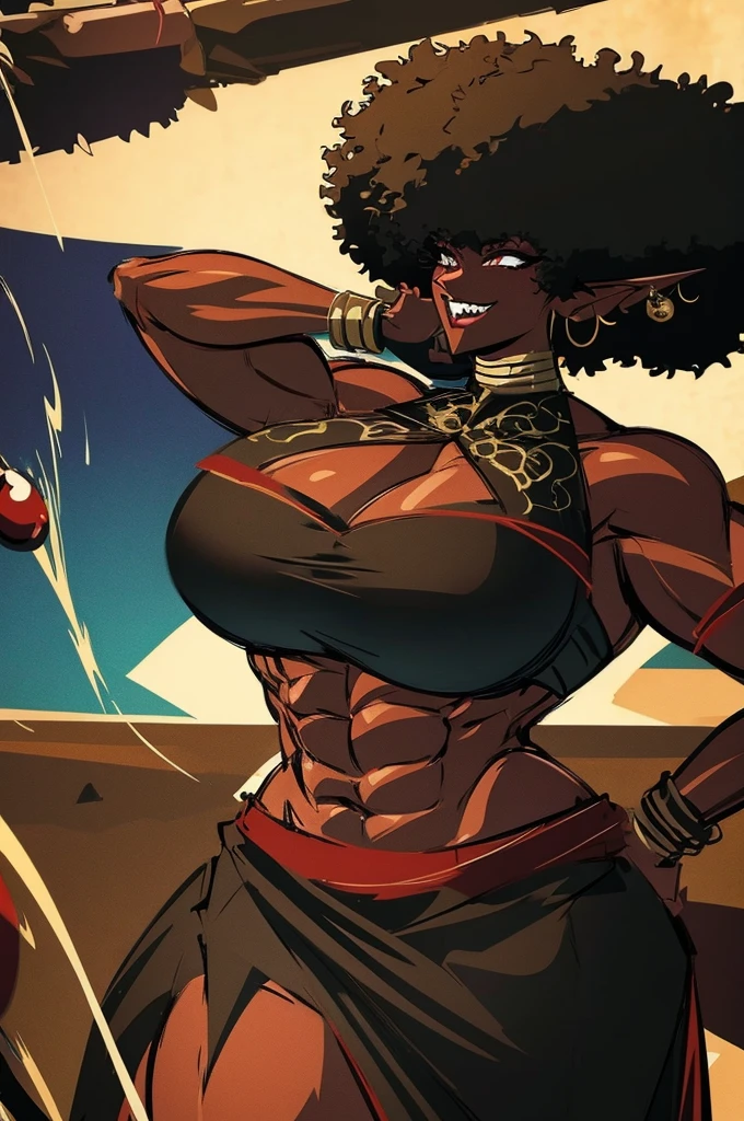 (masterpiece, best quality:1.2),1 girl, voluptuous body, full body, masterpiece, dominant pose, good anatomy, no extra limbs, big ass, thick thighs, black hair, voluminous afro, pointy ears, gold earrings, black top with red details, black skirt with red details, gold necklaces 