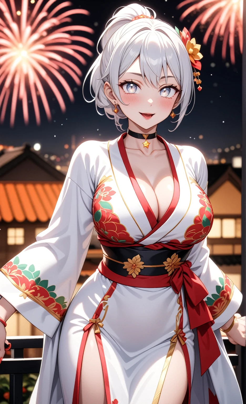 ((one personの女性)), Beautiful Face,Embarrassed,Painful expression,Open your mouth and scream,((Wink:2.0)),(Bright red cheeks:1.3),Glossy pink lips,night,rooftop,firework,((Anime style background)),masterpiece, highest quality, so beautiful, Latest, Complex details, (Pink long nails),AI-generated, Complex,High resolution, highest quality, super high quality,3D Images、View your viewers、3D Images,one person,Long white hair,High Ponytail,blue eyes,Anime woman posing for a photo, ((Fine grain、Colorful eyes、Shining Eyes:1.1)),(Squint your eyes:1.1),a hyperRealistic , hyperRealistic , Realistic,Anime woman with long and white hair, Smooth anime CG art, A woman in a colorful kimono with gold embroidery, (White kimono),Red floral pattern,Long flower hair ornament,Big earrings,Mature Body,(Big Breasts:1.2),Exposed nipples,Tall,Big Ass,Fine details,Narrow waist,Tilt your face,(Face close-up:1.5),(Holding the breast),((Breast milk flows from the nipples:1.2))