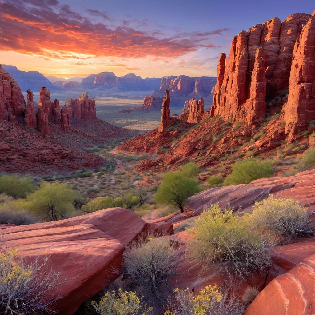 Create an incredibly amazing and fantastical image featuring the Arizona Red Rocks. Imagine a breathtaking landscape where the iconic red rock formations of Arizona are enhanced with surreal and magical elements. The scene is set at sunset, with the sky painted in vibrant hues of orange, pink, and purple, casting a warm glow over the landscape.

In the foreground, towering red rock formations rise majestically, their rugged surfaces detailed with intricate patterns and ancient petroglyphs that glow faintly. Nestled among the rocks are cascading waterfalls with crystal-clear water that shimmers in the fading light, creating pools that reflect the sky's colors.

Among the rock formations, unique flora flourishes—plants with bioluminescent leaves and flowers that emit a soft, ethereal light. A group of majestic, mythical creatures, such as winged horses or luminous deer, can be seen gracefully navigating the terrain, adding a touch of fantasy to the scene.

In the background, the landscape extends into a vast desert, dotted with more red rock formations and mysterious ruins of an ancient civilization. The ruins are partially covered in sand and overgrown with vines, suggesting a history long forgotten.

The color palette should be rich and warm, with the red rocks contrasted against the glowing elements and the vibrant sky. Use detailed, flowing lines to capture the rugged beauty of the rocks and the magical atmosphere of the scene.

The entire image should evoke a sense of wonder, tranquility, and the enchanting beauty of the Arizona Red Rocks, enhanced with fantastical elements to create a truly unique and captivating masterpiece.