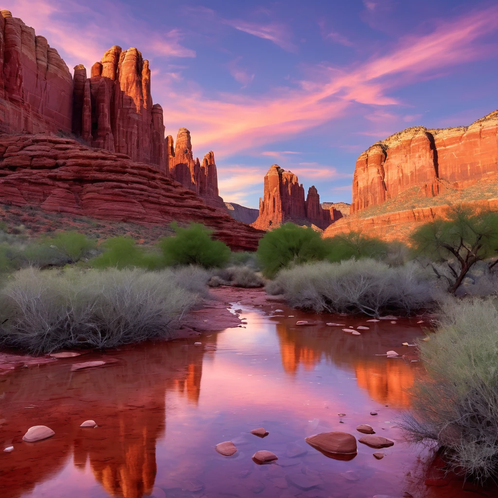 Create an incredibly amazing and fantastical image featuring the Arizona Red Rocks. Imagine a breathtaking landscape where the iconic red rock formations of Arizona are enhanced with surreal and magical elements. The scene is set at sunset, with the sky painted in vibrant hues of orange, pink, and purple, casting a warm glow over the landscape.
In the foreground, towering red rock formations rise majestically, their rugged surfaces detailed with intricate patterns and ancient petroglyphs that glow faintly. Nestled among the rocks are cascading waterfalls with crystal-clear water that shimmers in the fading light, creating pools that reflect the sky's colors.
Among the rock formations, unique flora flourishes—plants with bioluminescent leaves and flowers that emit a soft, ethereal light. A group of majestic, mythical creatures, such as winged horses or luminous deer, can be seen gracefully navigating the terrain, adding a touch of fantasy to the scene.
In the background, the landscape extends into a vast desert, dotted with more red rock formations and mysterious ruins of an ancient civilization. The ruins are partially covered in sand and overgrown with vines, suggesting a history long forgotten.
The color palette should be rich and warm, with the red rocks contrasted against the glowing elements and the vibrant sky. Use detailed, flowing lines to capture the rugged beauty of the rocks and the magical atmosphere of the scene.
The entire image should evoke a sense of wonder, tranquility, and the enchanting beauty of the Arizona Red Rocks, enhanced with fantastical elements to create a truly unique and captivating masterpiece.