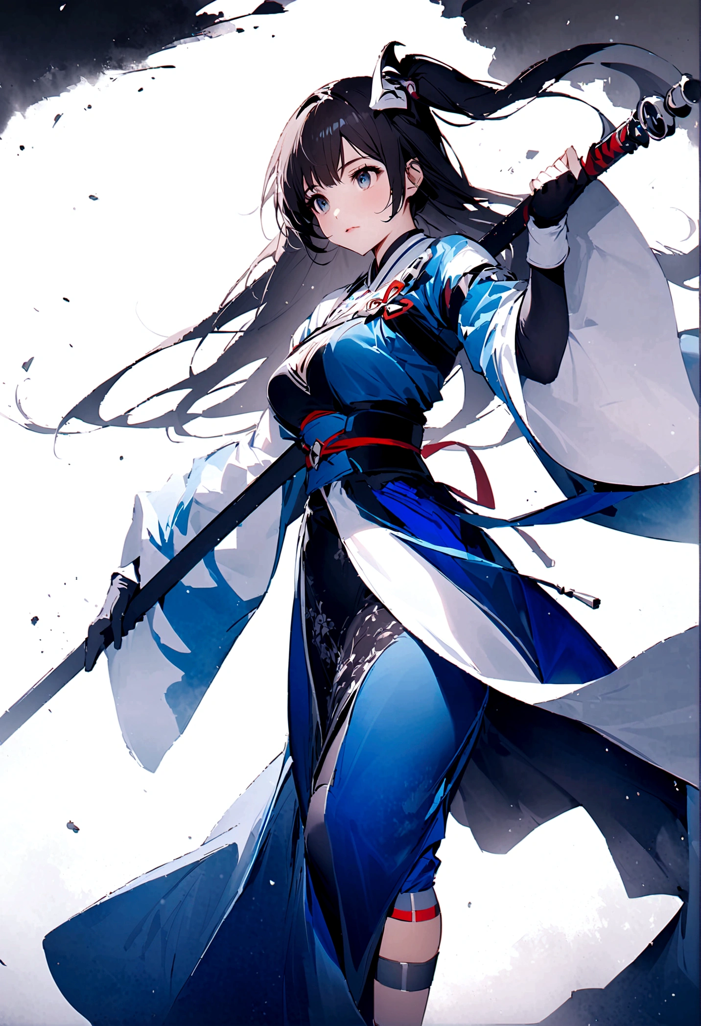 Artistic ink painting，Three-dimensional ink painting，Minimalism，Minimalist graphics，Minimal Art，Cold anime girl，whole body，Chinese style，antiquity，Ink Painting，Blue robe，Black long hair，Black and white background，古韵White Space，White Space，大面积White Space，Texture Matte，Low saturation，Minimalist composition，Master composition