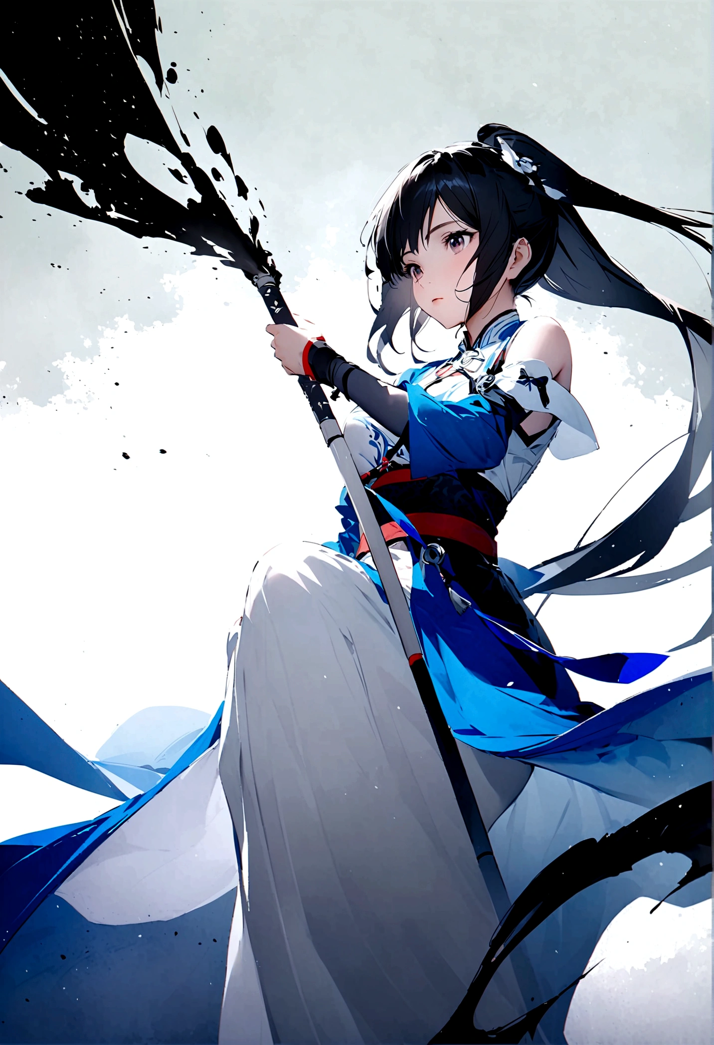Artistic ink painting，Three-dimensional ink painting，Minimalism，Minimalist graphics，Minimal Art，Cold anime girl，whole body，Chinese style，antiquity，Ink Painting，Blue robe，Black long hair，Black and white background，古韵White Space，White Space，大面积White Space，Texture Matte，Low saturation，Minimalist composition，Master composition
